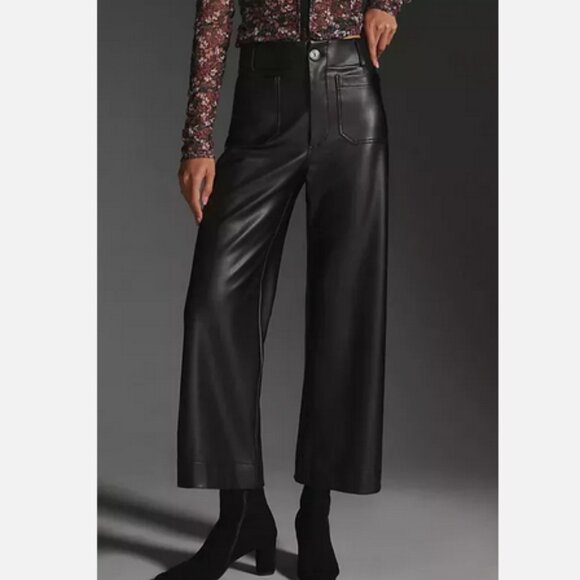 Anthropologie Maeve 31 The Colette Cropped Wide-Leg Faux Leather Pants Black NW